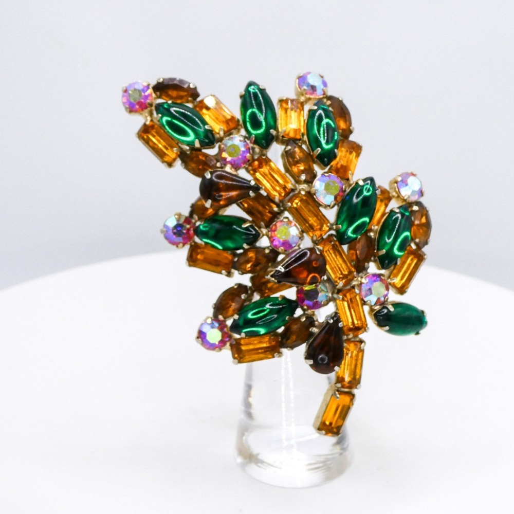 Vintage Rhinestone Leaf Extra Large 3.3" Gold & Green Statement Brooch Pin - Picture 12 of 12
